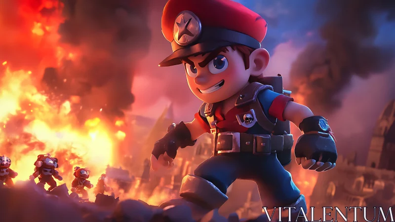 Cartoon commander in high-intensity cinematic battlefield blaze.