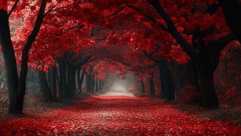 Enchanted Red Leaf Tunnel Glowing With Autumn Magic