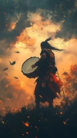 Silhouetted warrior drummer beneath turbulent dusk sky.