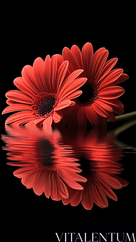 Red Gerbera Daisies with Water Reflection on Black
