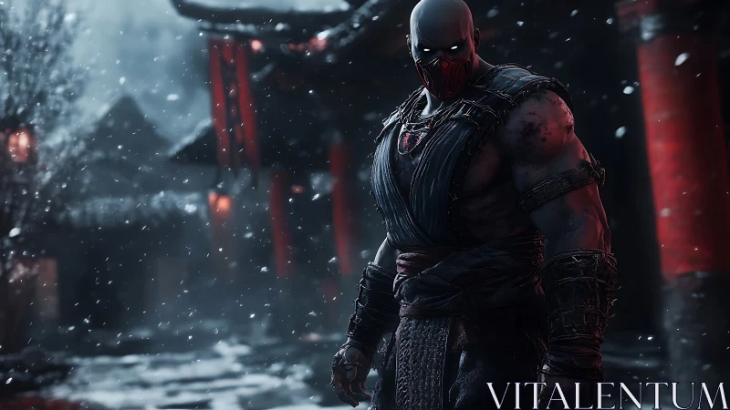 Armored warrior with glowing eyes stands in snowlit temple courtyard