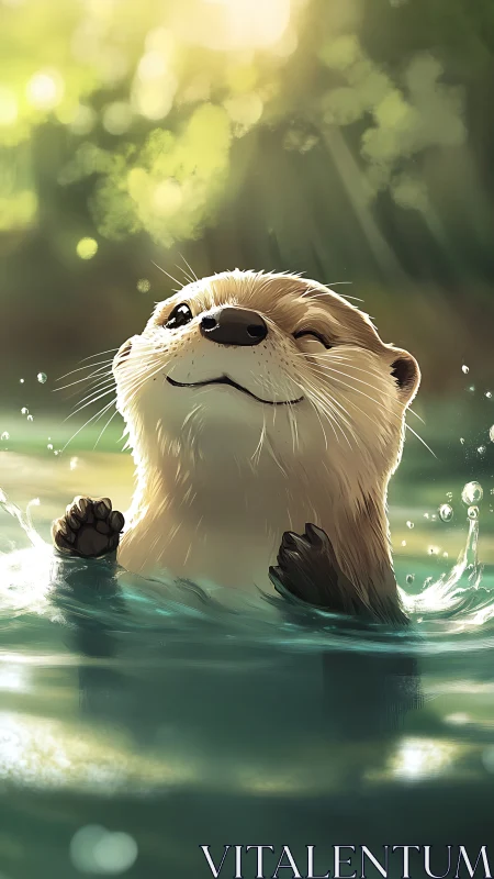 Content otter enjoys sunlit forest water with gentle ripples