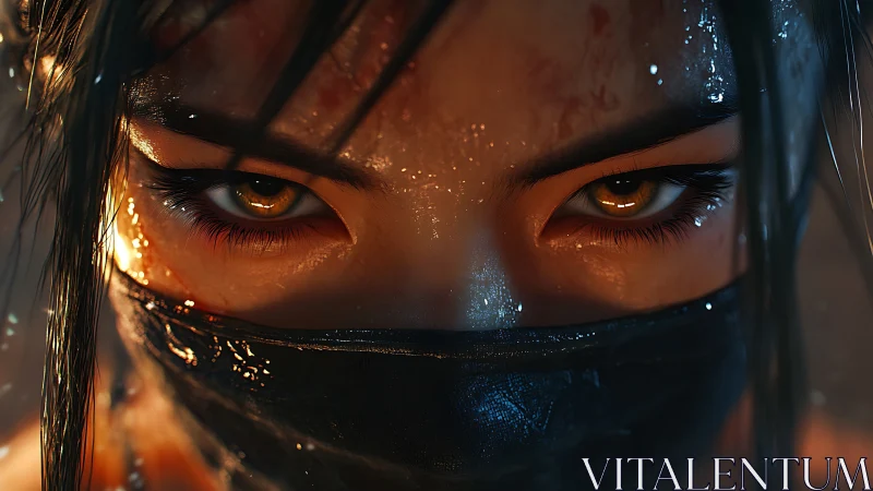 Masked warrior eyes burn under cinematic wet lighting.