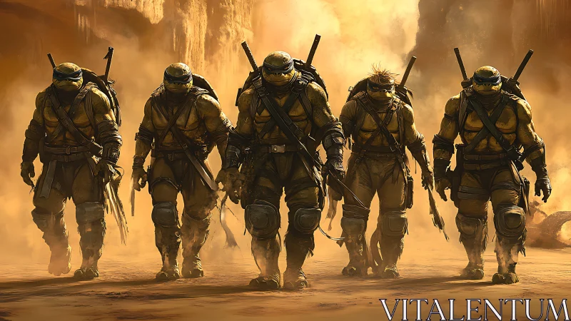 Digital painting squad march in cinematic desert haze.