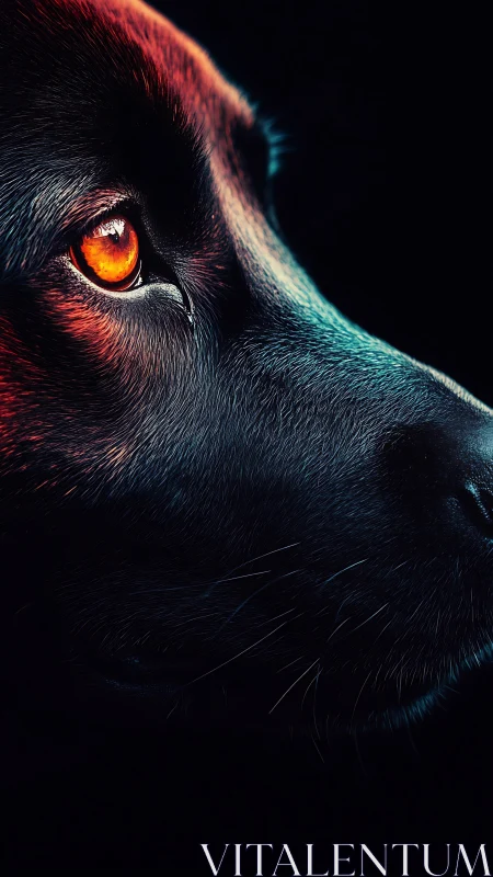 Ember-eyed hound glows in electric midnight chiaroscuro.