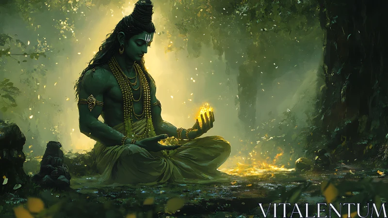 Serene forest deity holding gentle light in peaceful hands.