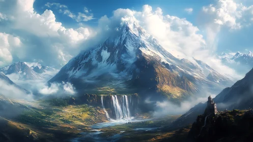Snowcapped mountain, twin waterfalls and distant fortress.