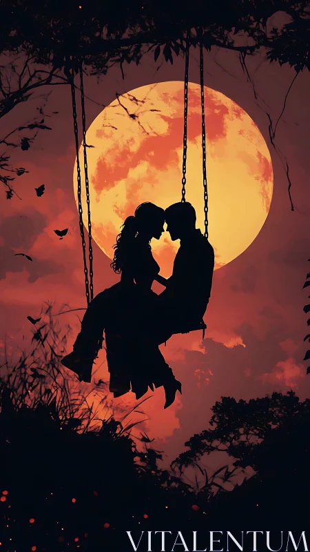 Silhouetted Couple on Swing: Luminous Full Moon Backdrop and Twilight Atmosphere