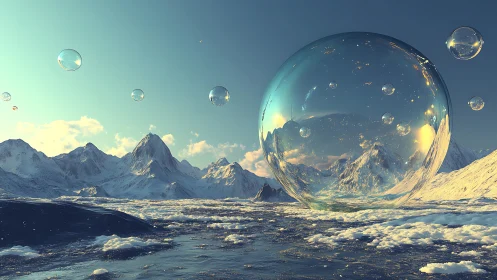 Crystal bubbles drifting above a serene frozen shoreline.