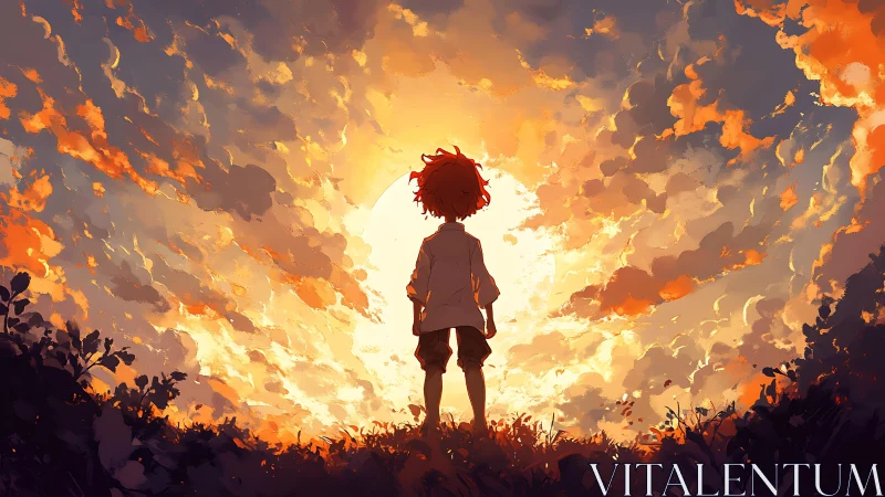 Silhouetted child faces blazing sunset sky in solitude.