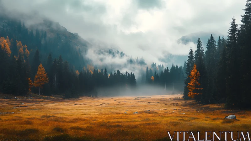 Mist-draped valley lets autumn pines whisper toward dawn