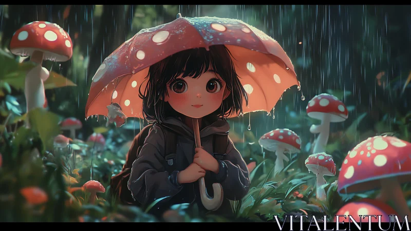 Girl with mushroom umbrella in rainy forest clearing.