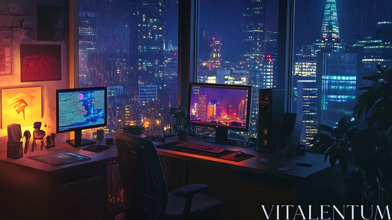 Dual-monitor cyberpunk workspace overlooks neon-soaked cityscape