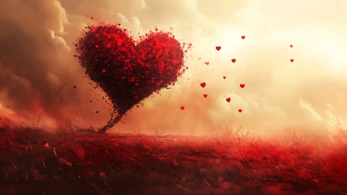 Particles of passion form colossal heart tornado against golden sky.