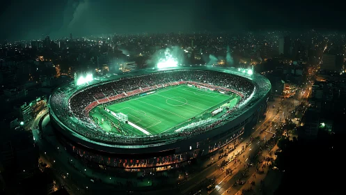 Floodlit football stadium pulses above a glowing night cityscape.