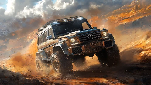 Off-road Mercedes G-Class in high-velocity desert traversal.