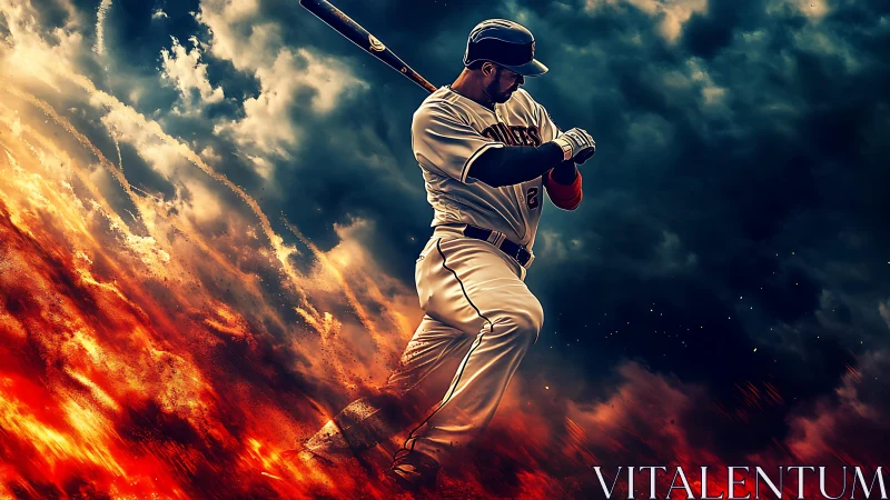 Fiery baseball slugger powers through stormy dramatic skies
