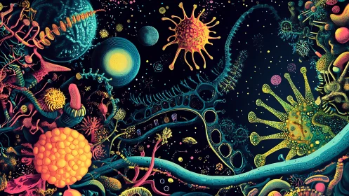 Colorful microscopic universe of cells and strange organisms.
