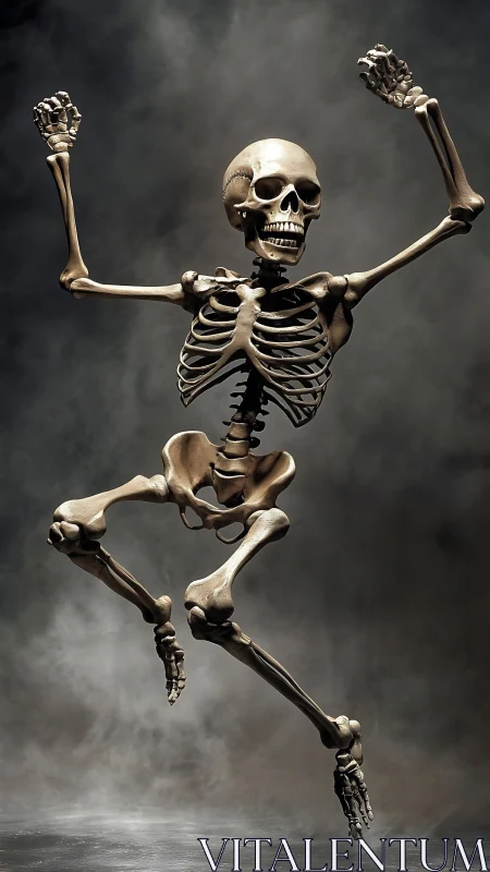 Human skeleton in dynamic midair pose against dark mist