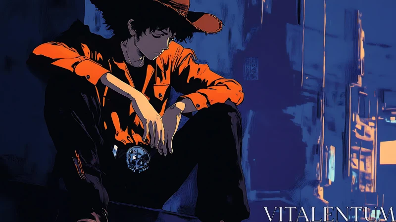 Neon alley drifter in ember jacket and restless shadow.