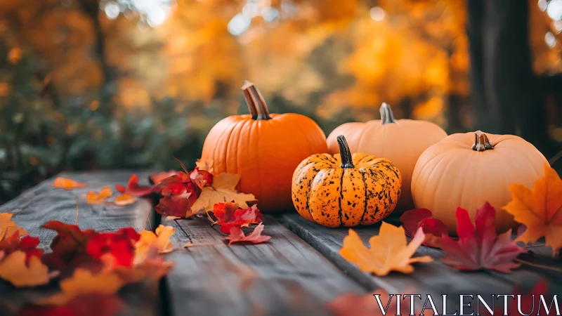 Golden pumpkins rest softly among bright autumn leaves