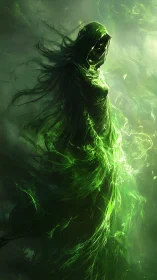 Hooded spectral figure in swirling green energy shroud.