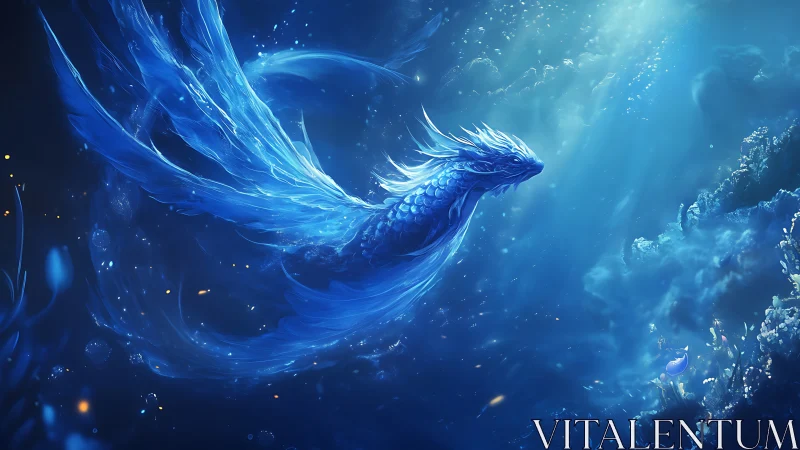 Celestial blue dragon swims through luminous underwater abyss