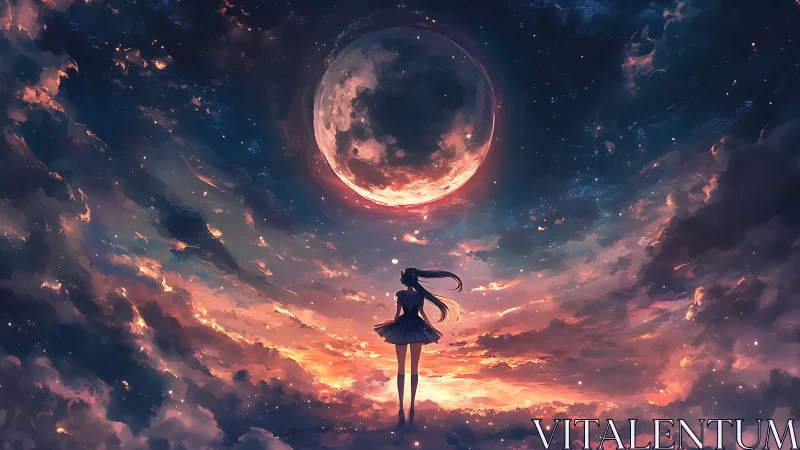 Silhouetted anime girl studies luminous moon over chromatic sky
