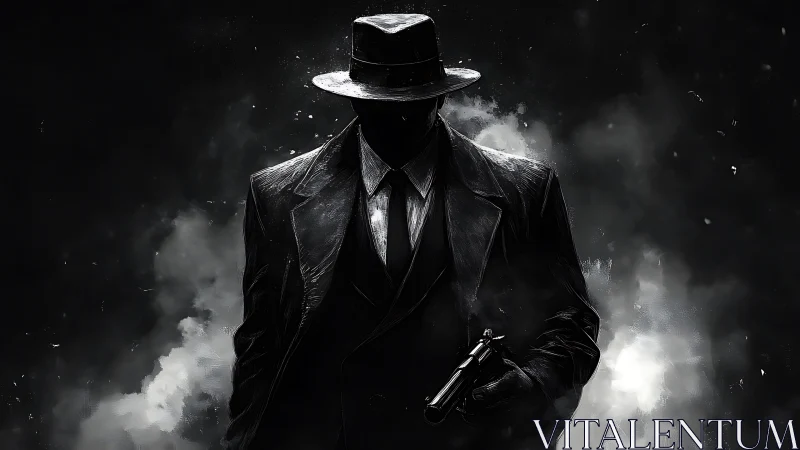 Silhouetted armed figure in trench coat amid dark smoke.