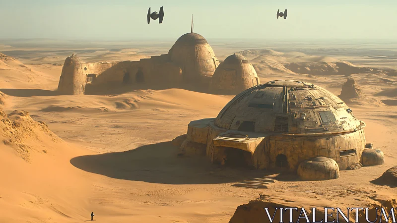 Desert planetary outpost with domed structures and starfighters