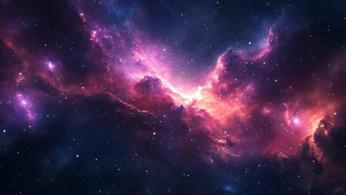 Radiant cosmic nebula glows in vibrant magenta starlight.