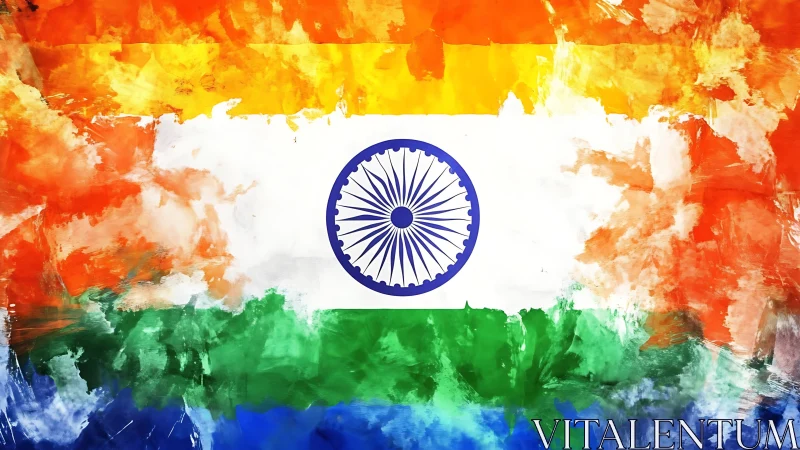 Painterly tricolour field with radial Ashoka Chakra emblem.