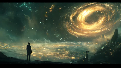 Lone figure studies blazing galactic vortex above city