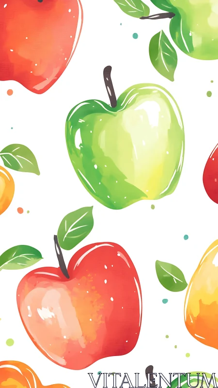 Watercolor apples pattern with multicolored fruit elements.