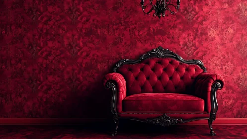 Ornate red sofa positioned against textured red wall