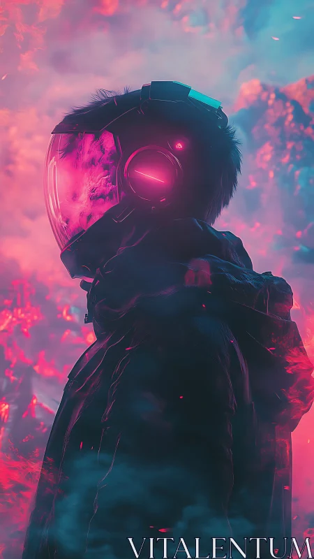 Side-profile astronaut in neon smoke-filled environment.