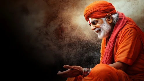 Laughing sage in saffron robes cradling quiet desert light.