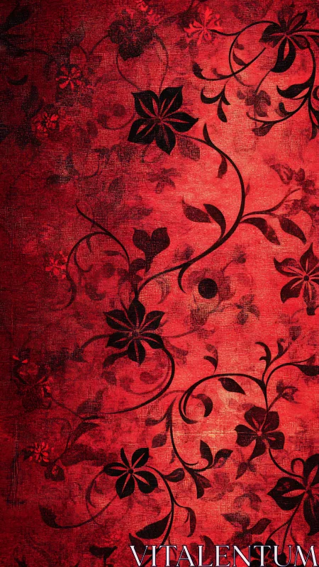 Red textured background shows dark floral vine pattern