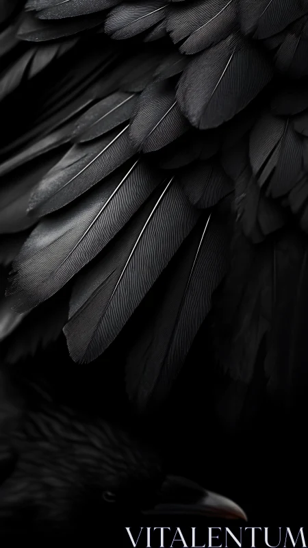 Raven wing macro study with sculpted black feathers.