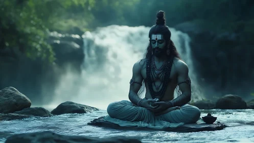 Mystic ascetic in lotus pose before misty waterfall.