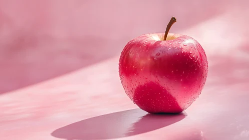 Red apple with water droplets on soft pink background.