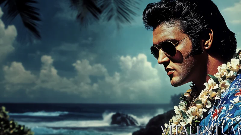 Photorealistic tropical portrait with retro rock aesthetic.