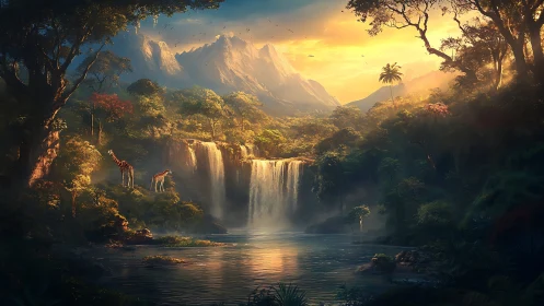 Sunlit giraffes pause where jungle waterfalls crown dusk