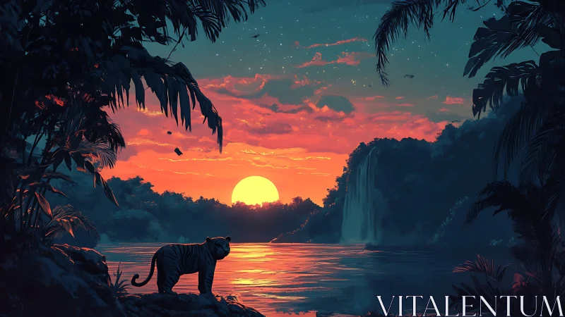 Jungle landscape with feline silhouette at sunset and waterfall