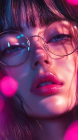 Neon lights bathe a dreamy face in soft pink reflections