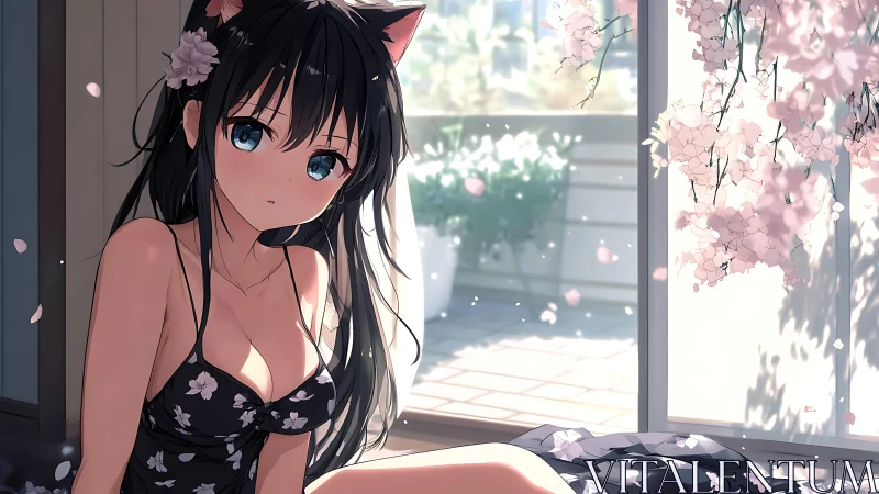 Anime catgirl in floral dress resting by sunlit balcony window
