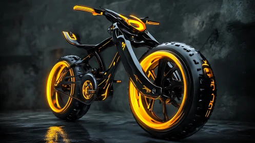 Neon trailblazer bike humming through a moody cyber garage.