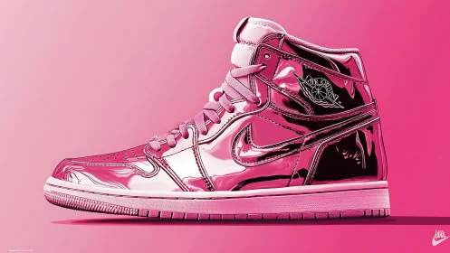 Metallic pink Nike basketball shoe on monochrome ground.
