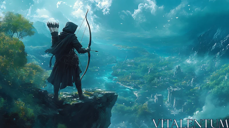 Brave hooded archer quietly overlooks a vast fantasy valley