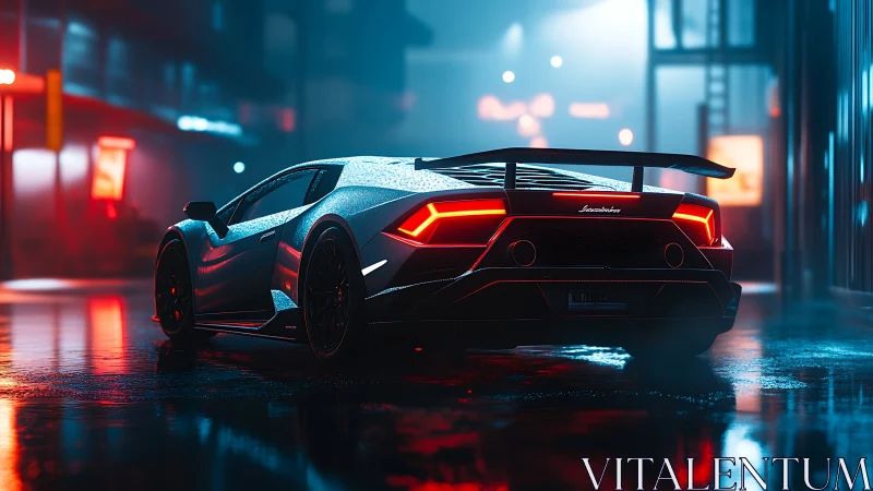 Sleek supercar glows against neon city streets at night